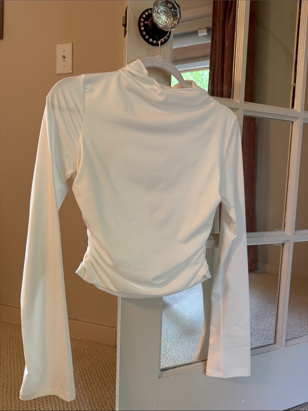 Blush Boutique Long-Sleeve White Mock Neck Crop Top with Back Cut Out